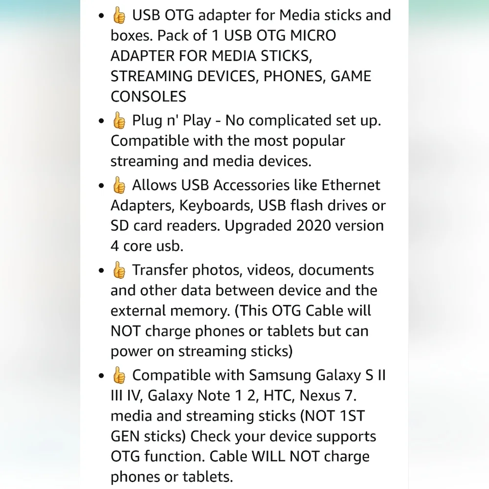 OTG Cables For Fire Stick. USB OTG PORT ADAPTER Cable 2nd Gen Fire Cube x 1 V9U0